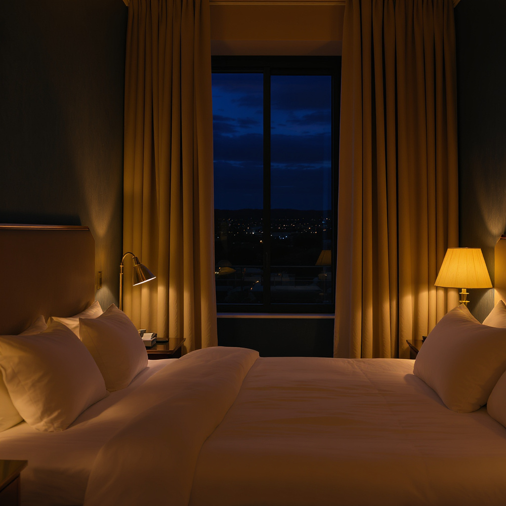 Warm bedside lamplight in a boutique hotel suite at evening